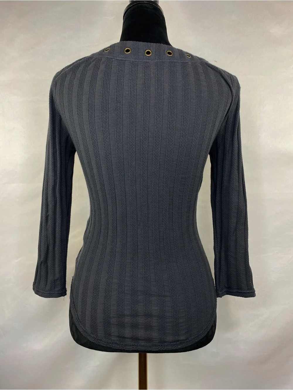 Free People Charcoal Black Ribbed Grommet Lace Up V-Neck 3/4 Sleeve Top Medium